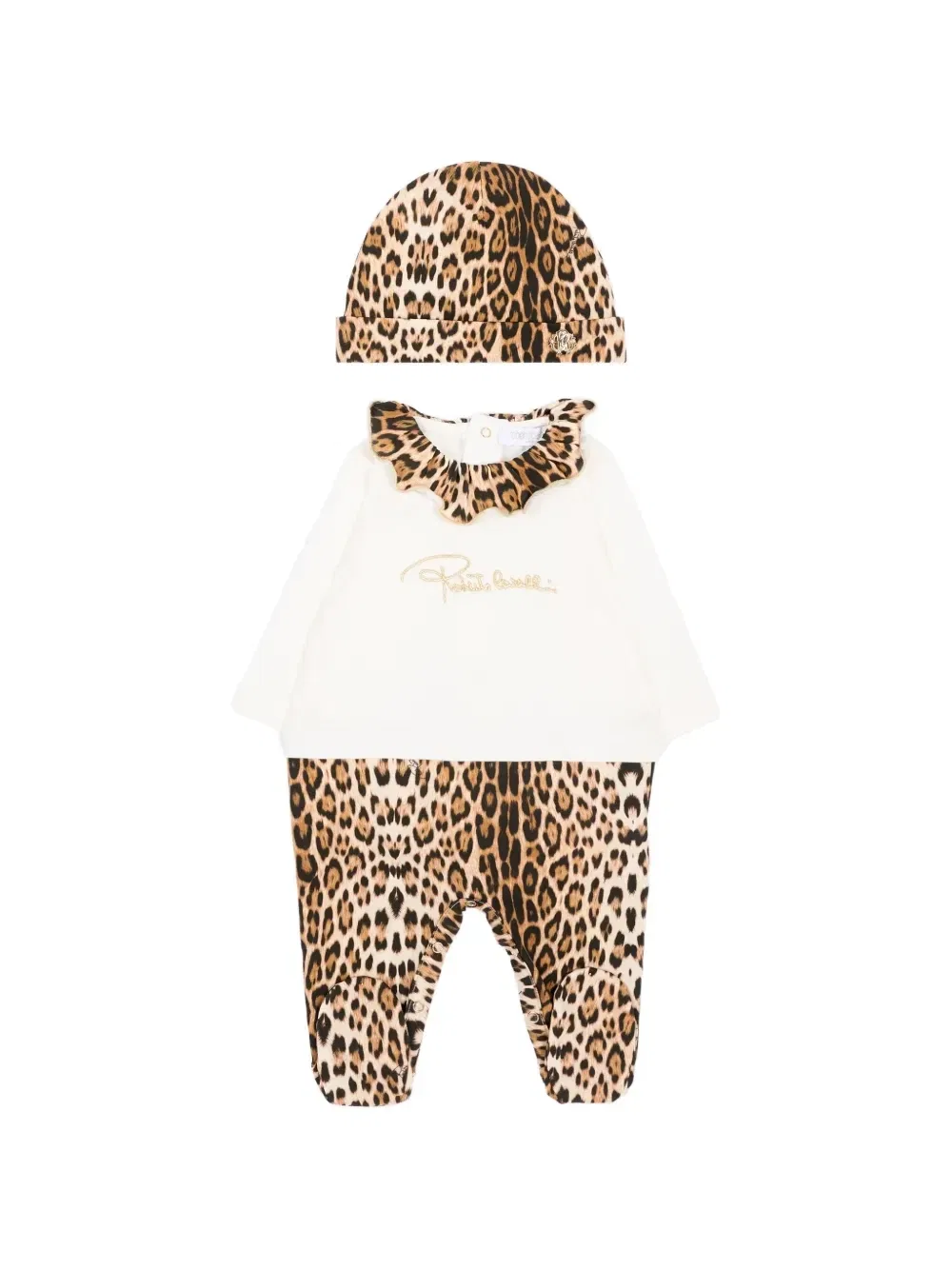 Леопардовый комплект из ползунков с рюшами Roberto Cavalli Junior, бежевый