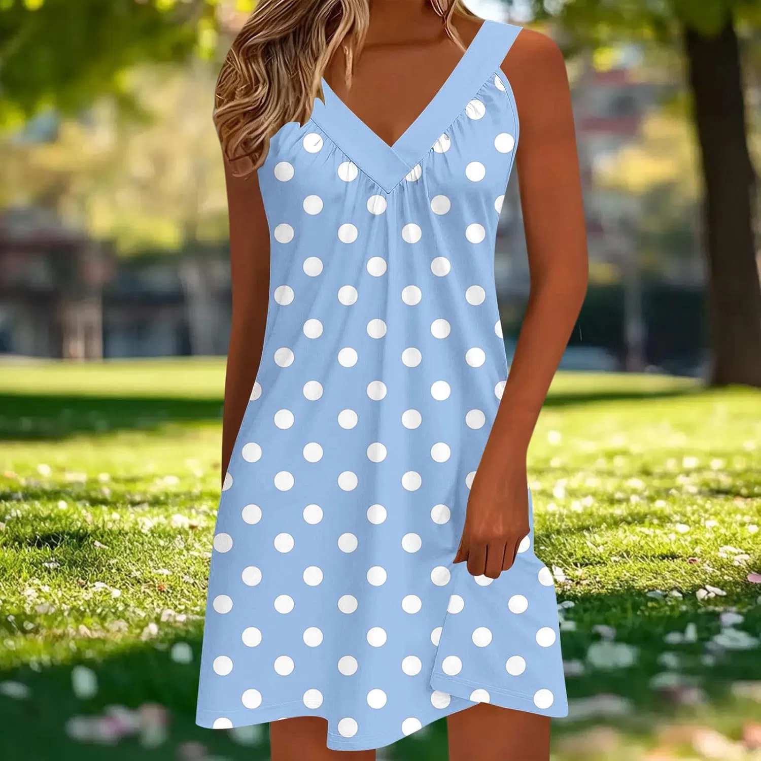 Женское летнее сарафан с V-образным вырезом и карманами, Polka Dot, Sky Blue — фото 3