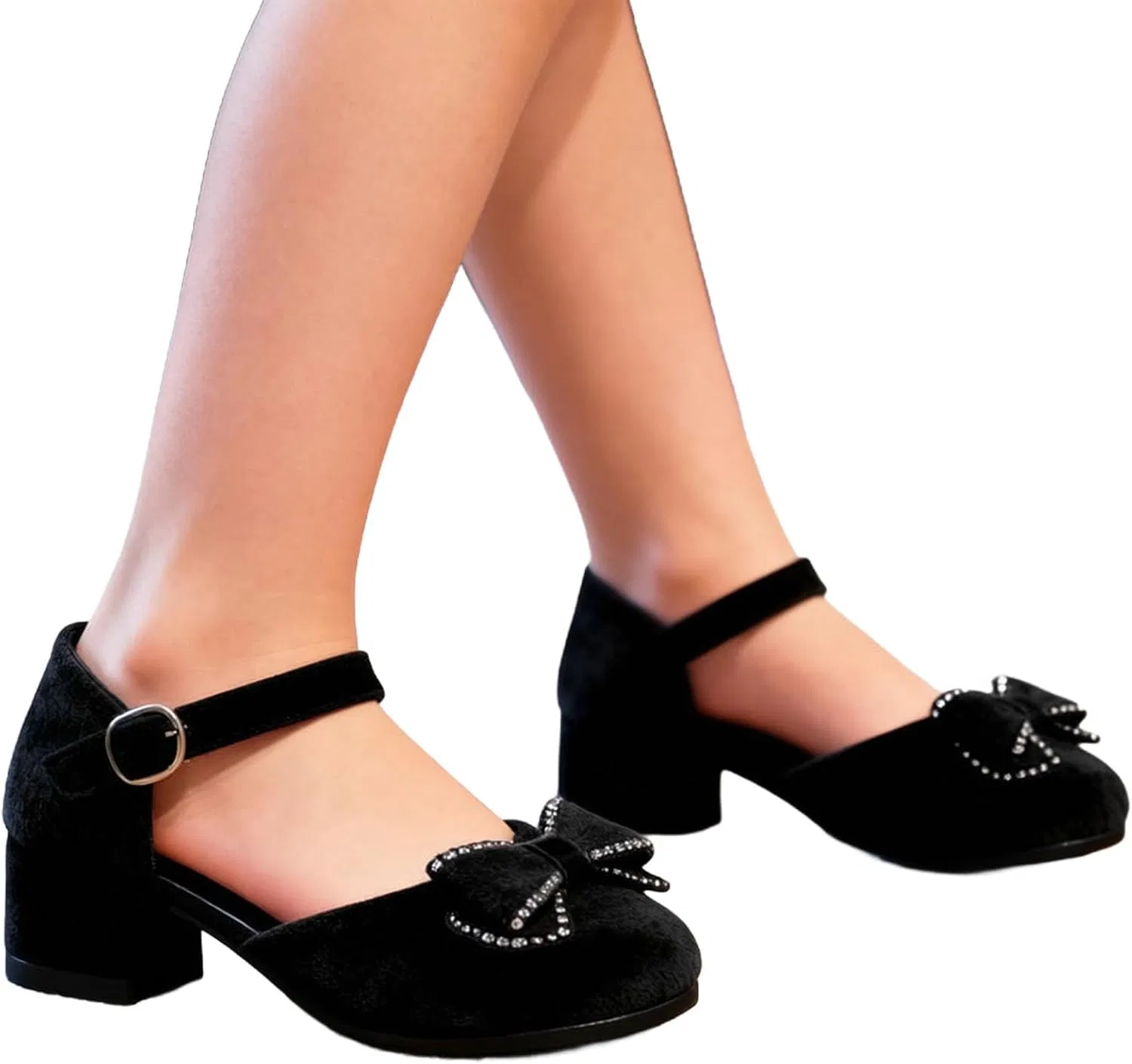 Детские туфли для девочек с бантом, модель British-Style Elegant Cute Low Chunky Pumps Bow Fashion, Black — фото 4