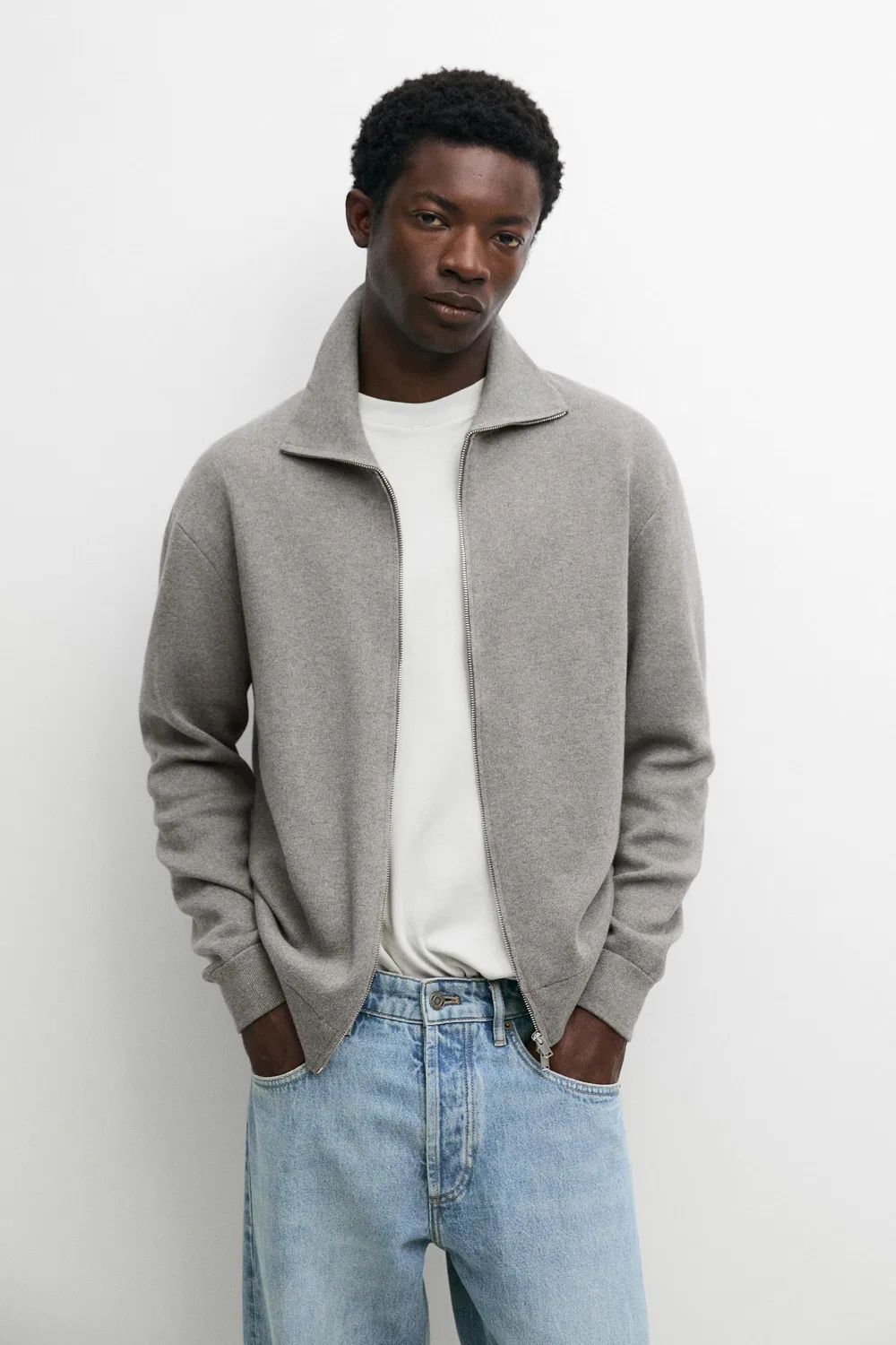 Кардиган Massimo Dutti 100% Cotton Zip-Up Knit, серый