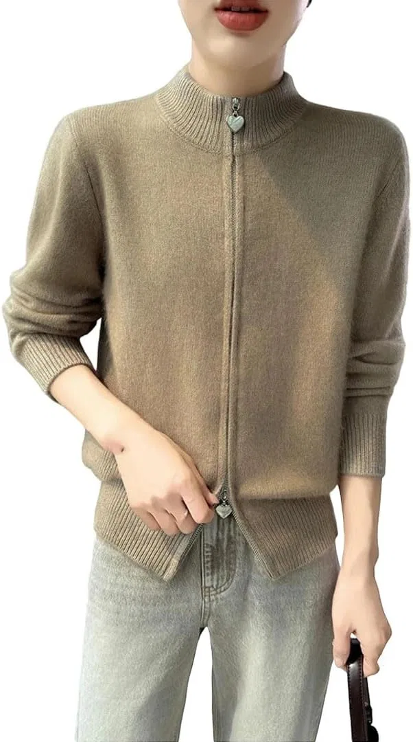 Женский кардиган на молнии из футера, Winter Fuzzy Knit, светло-коричневый