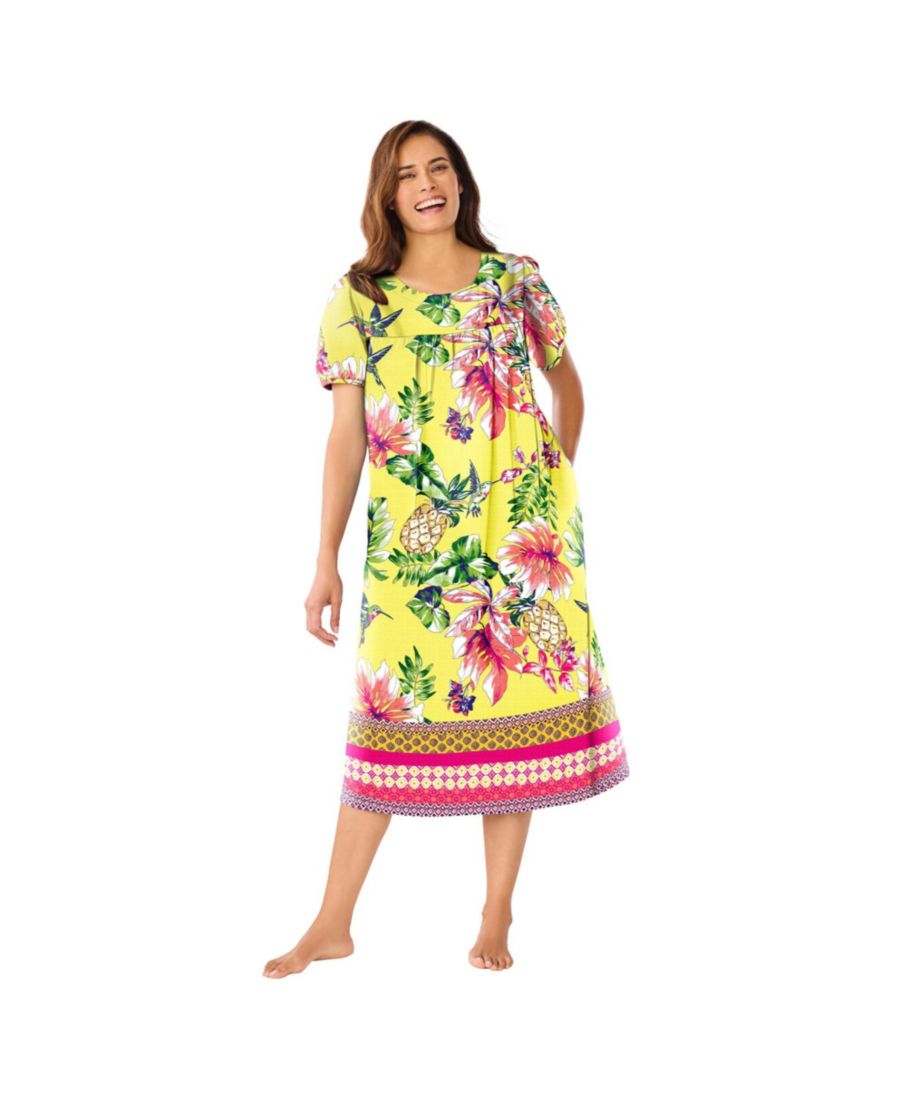 

Только для полных женщин Необходимые вещи с коротким принтом и сборками Домашний халат Only Neccessities, Bright yellow hummingbird