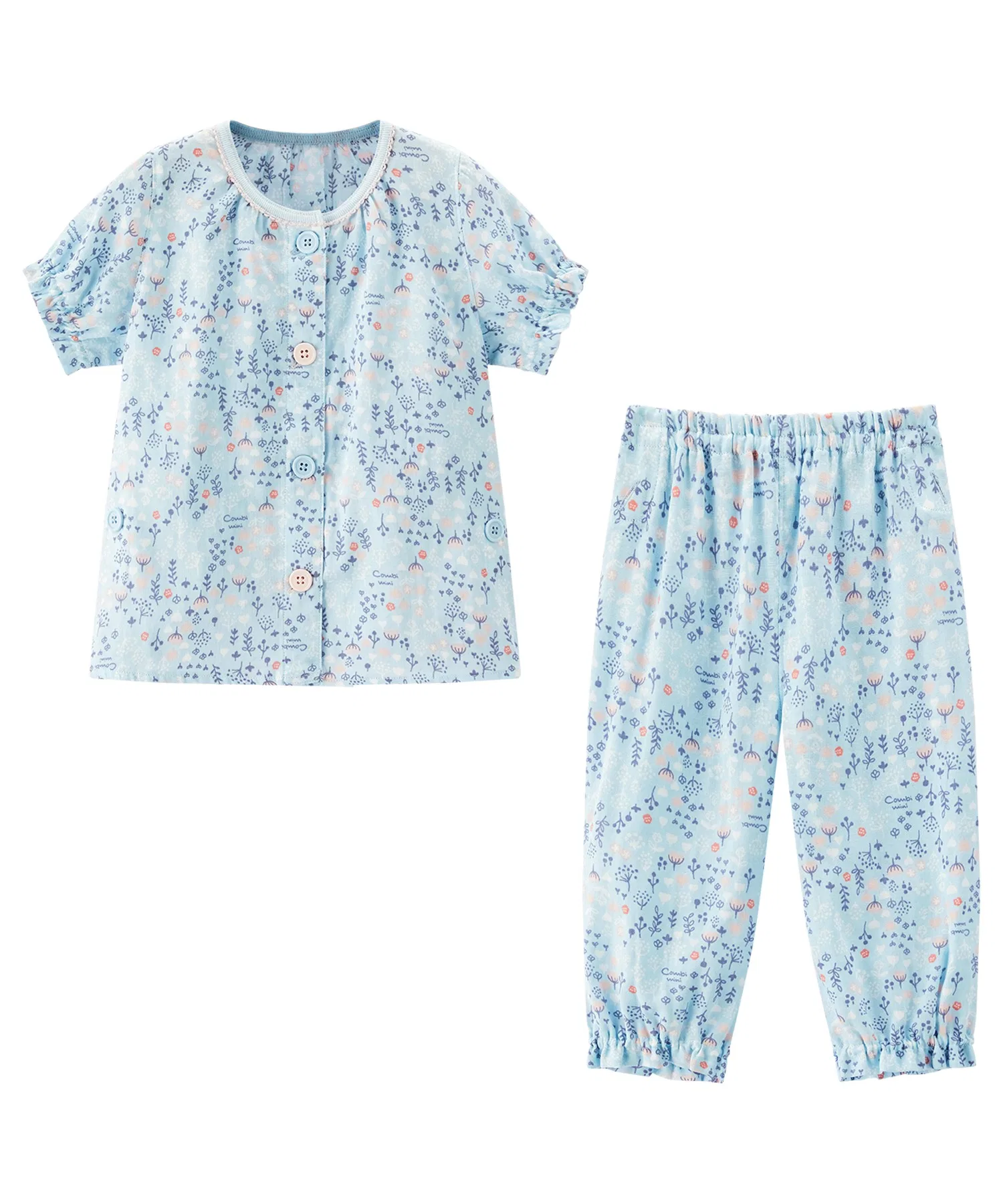 Девичья пижама из тонкой ткани с пуговицами, обеспечивающими комфорт в области животика, короткими рукавами и застежкой спереди (с узором из цветущей сакуры и мелких цветочных мотивов). — фото 3