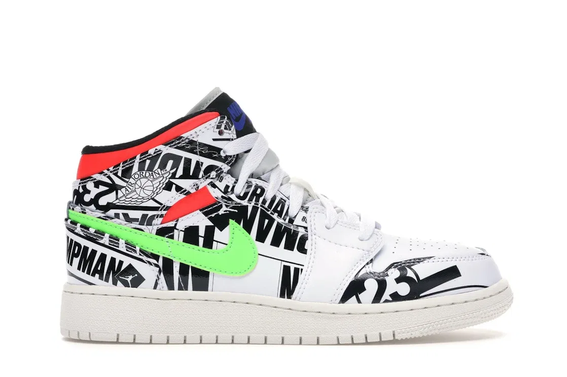 Детские кроссовки с принтом Jordan 1 Mid All Over Logos Jordan, White/Racer Blue-Black-Cyber-Infrared 23-Sail