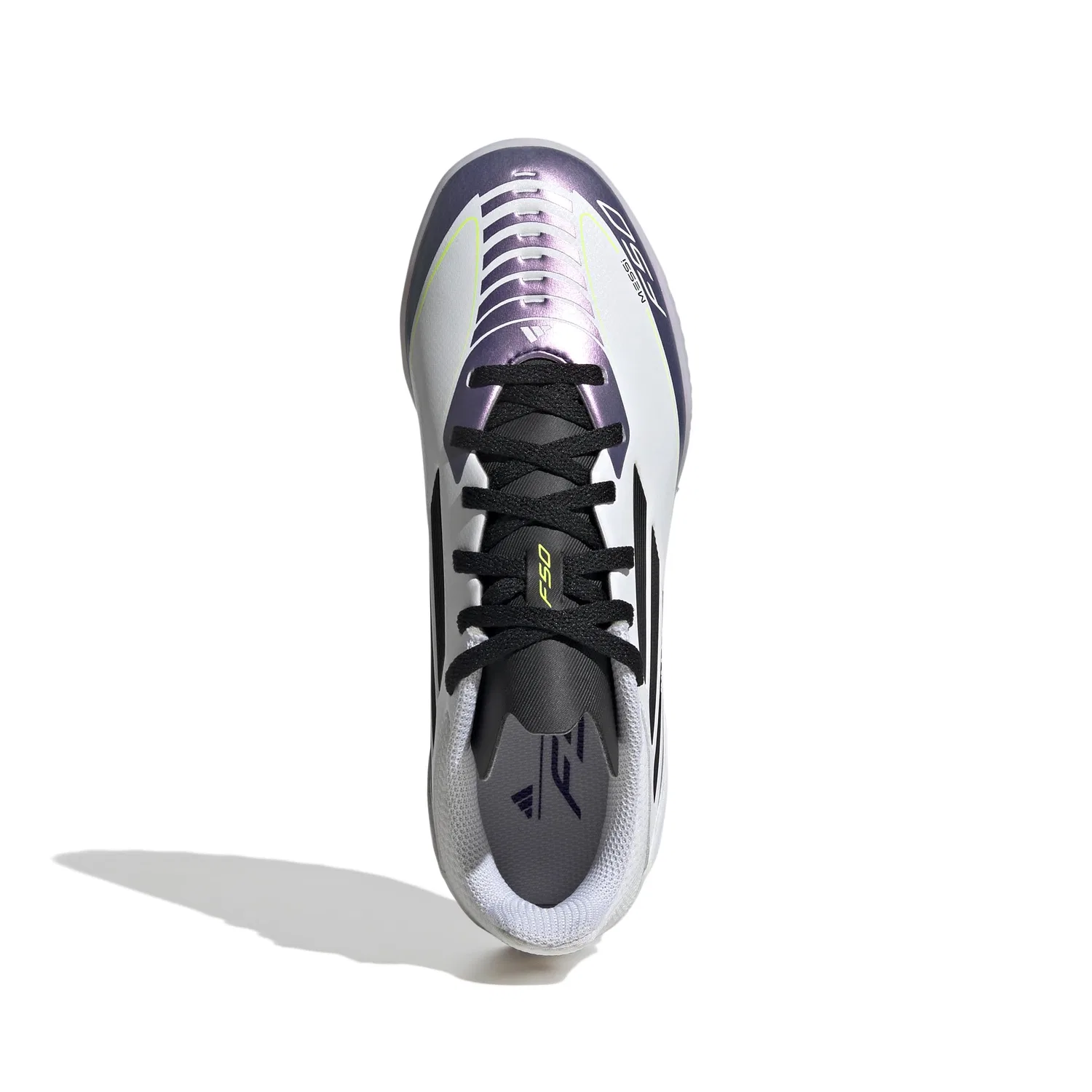 Детские футбольные бутсы для мальчиков с шипами F50 League Messi Turf Adidas, White Black Purple Solid Color — фото 2