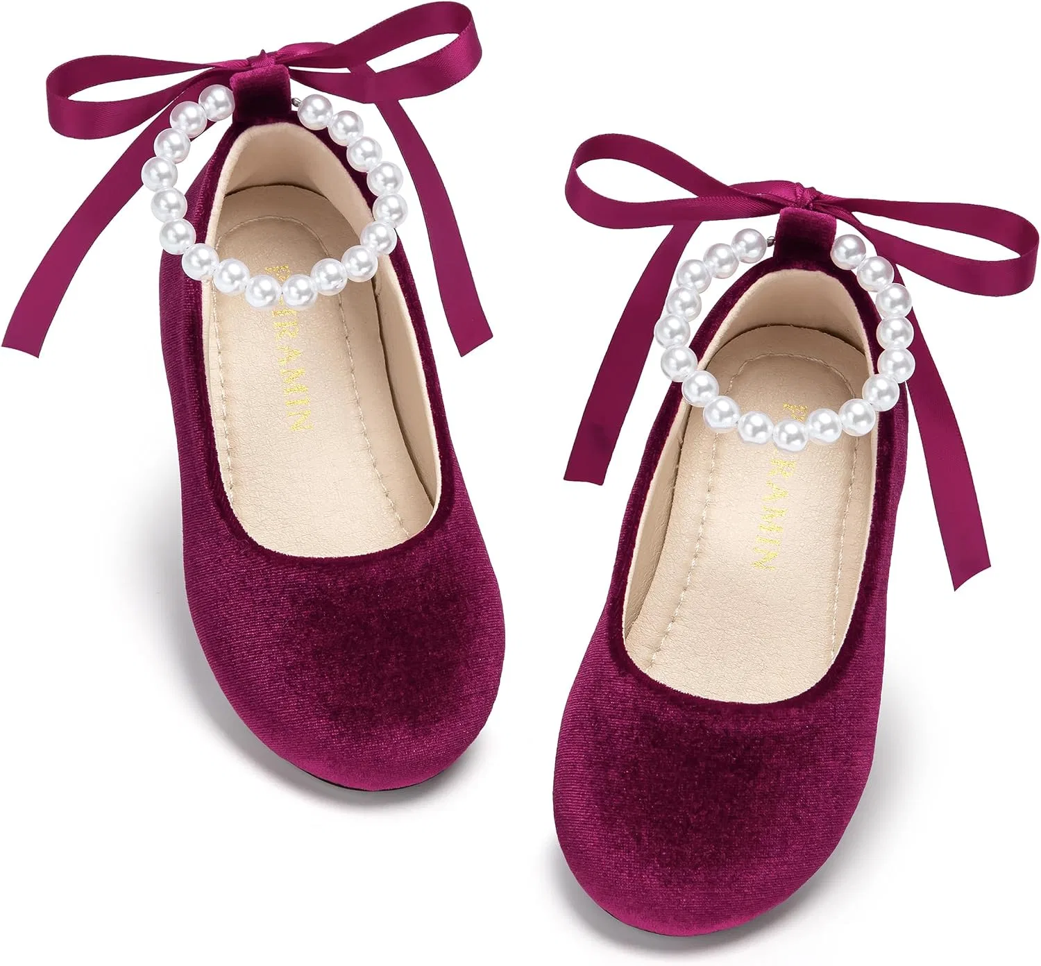 Детские туфли-балетки для девочек с жемчужным ремешком PHIRAMIN, Velvet Dark Purple Pearl Strap