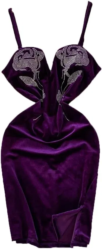 Женское вельветовое платье со стразами V-образным вырезом, Purple