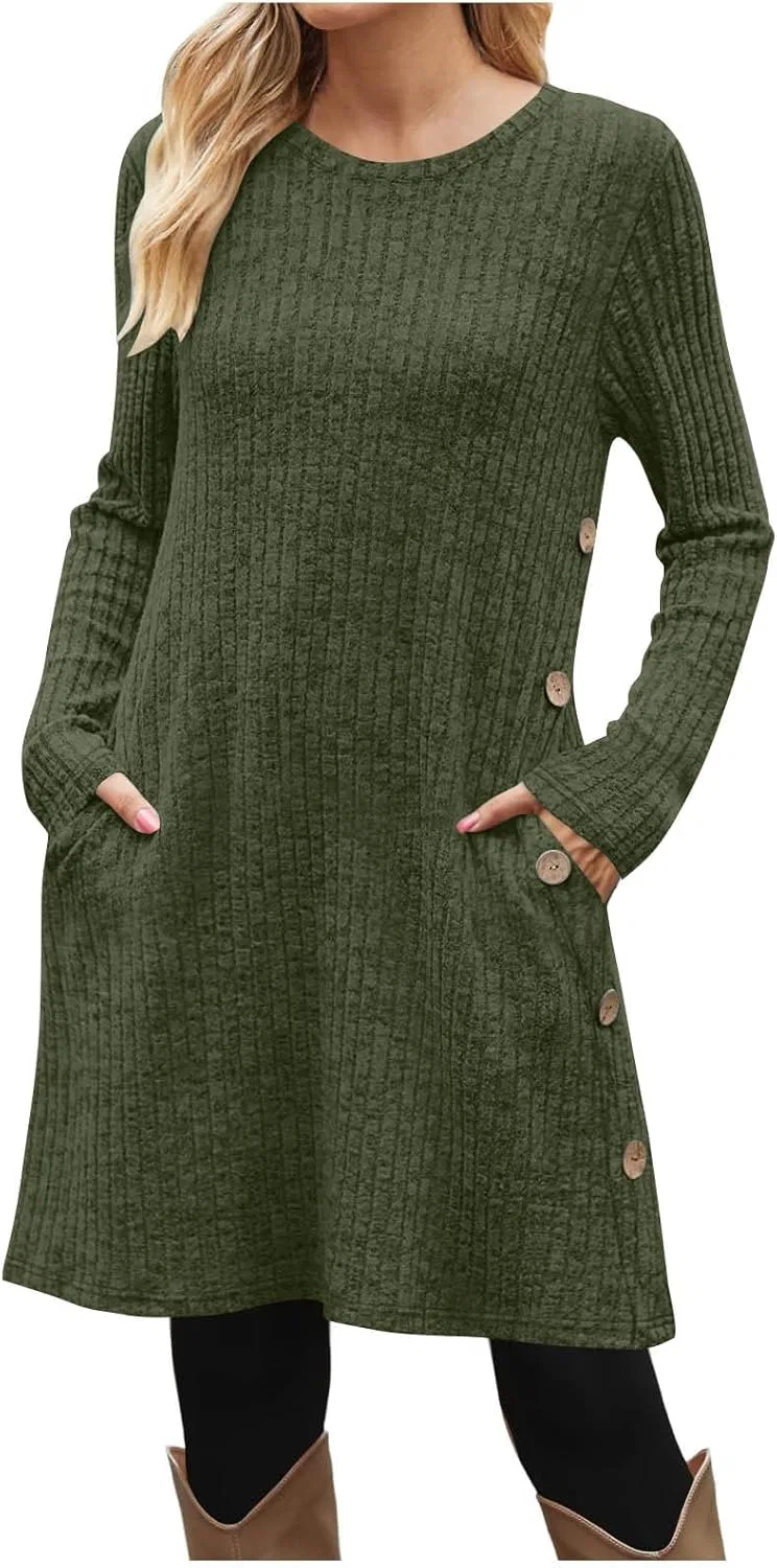 Женское платье-свитер с вязаным узором Crewneck Long Sleeve, Army Green