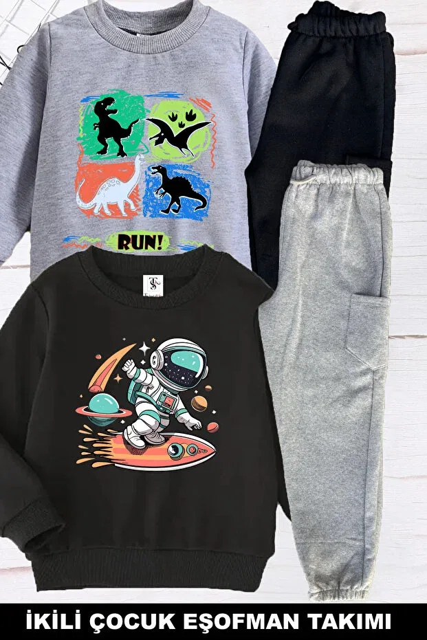 Детский спортивный костюм для девочек с принтом Astronaut and dinosaur Twins Tailors, Черный