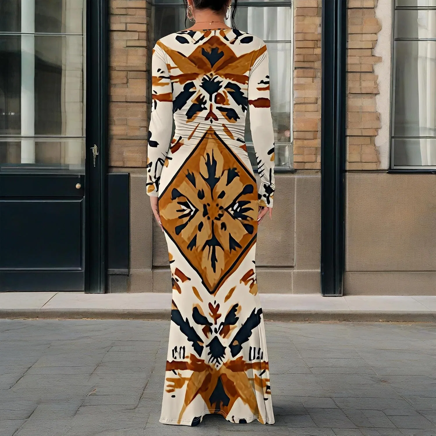 Женское длинное платье-макси с рукавом, модель Off The Shoulder, хаки/коричневый — фото 4