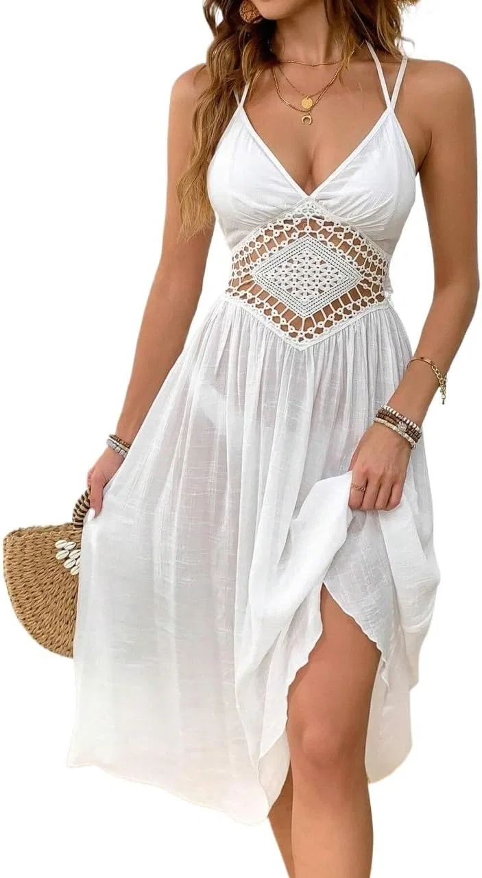 Женский пляжный костюм с кружевной отделкой, White