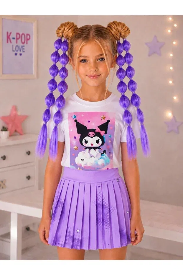 Детский комплект футболок для девочек с принтом Kuromi girl child printed t-shirt + purple kuromi babble hair + face stone 3-piece set Bemora Kids, Purple — фото 2