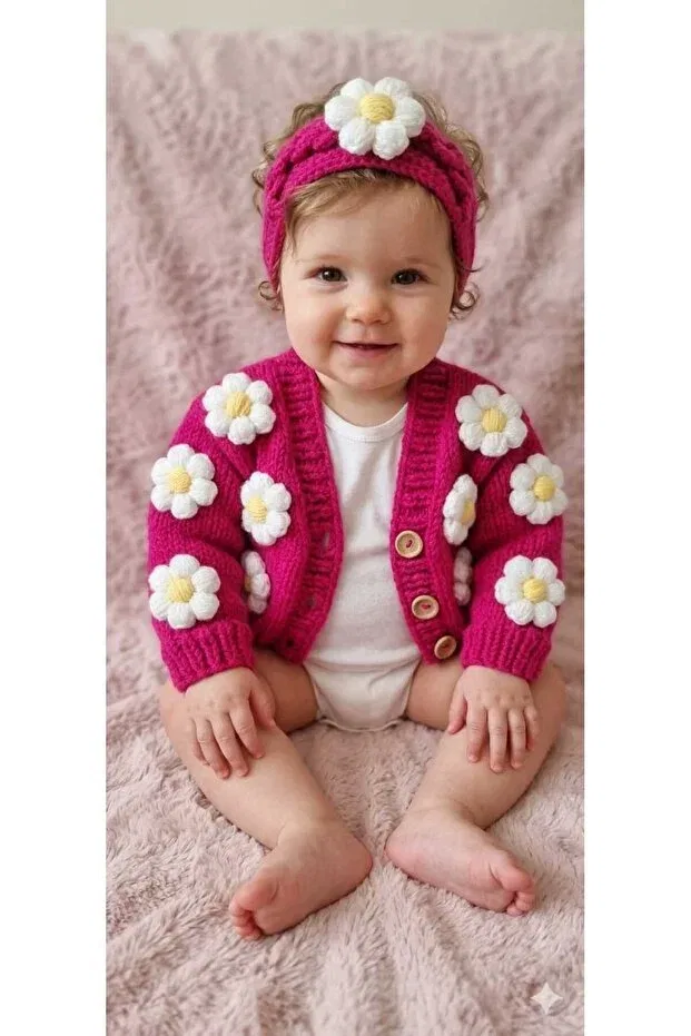 Детский кардиган для девочек с длинным рукавом Hand-Knitted baby cardigan handmade Hobilanka, Pink