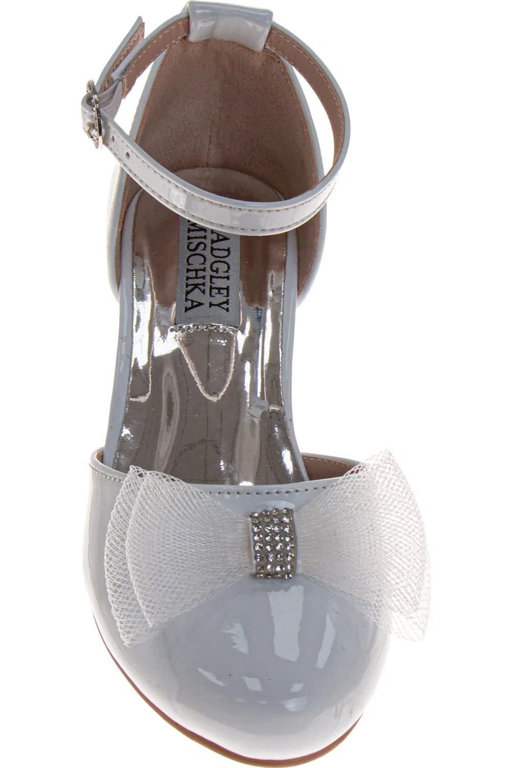 Туфли детские на низком каблуке с бантом Badgley Mischka Collection, White Patent — фото 3