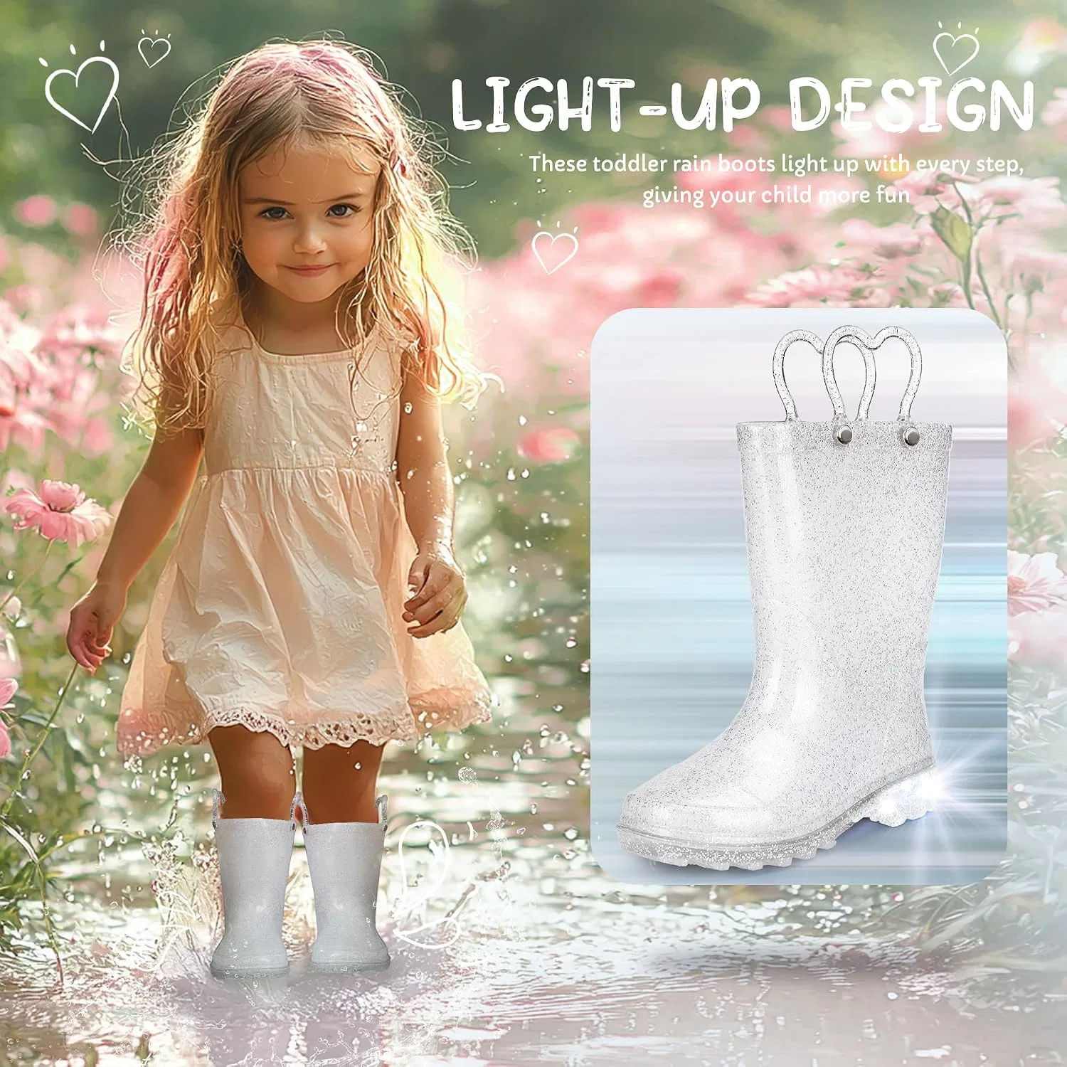 Детские сапоги дождевые с блёстками и подсветкой Funspread, Glitter White — фото 2