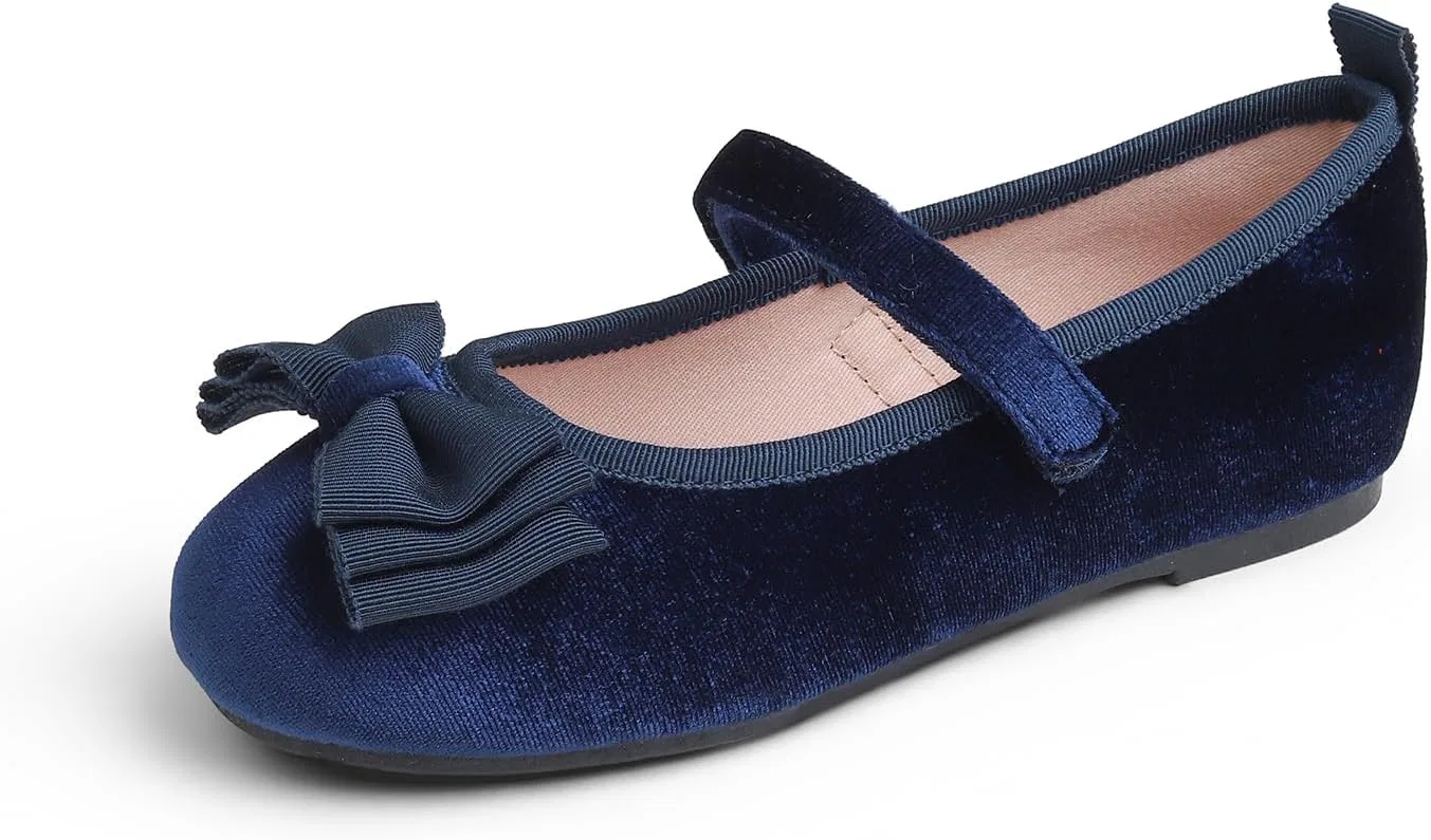 Детские балетки для девочек с бантом FEVERSOLE, Navy Velvet Tri-Bow Maryjane