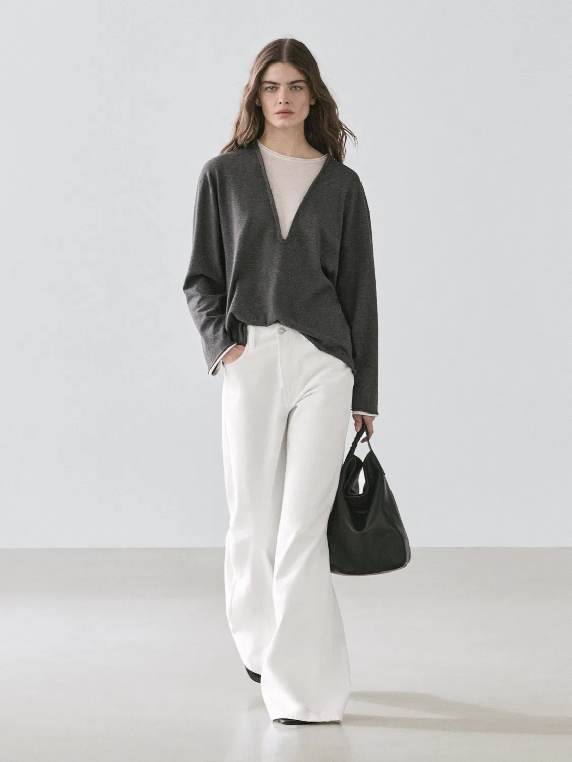 Свитер Massimo Dutti Cotton Blend Knit With Contrast Fabric, угольно-серый — фото 3