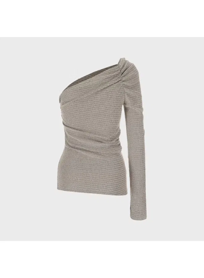 Топ асимметричный с длинным рукавом и воланами на плечах Zara, бежевый — фото 3