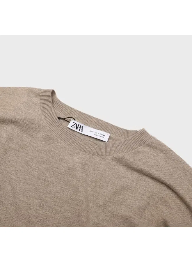 Свитер с круглым вырезом Zara, молочно-кофейный — фото 4