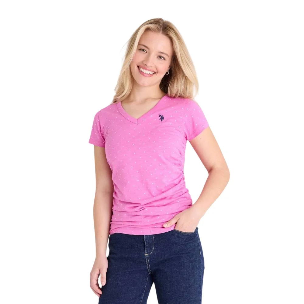 Женская футболка U.S. Polo Assn. Dot Print Ruched Side V-Neck, розовый