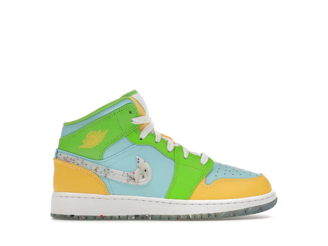 Детские кроссовки с принтом Jordan 1 Mid SE Recycled Grind Jordan, Glacier Ice/White/Citron Pulse