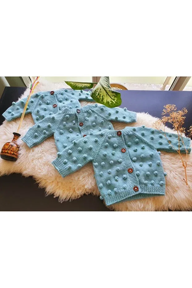 Детский кардиган с ручной вышивкой Hand knitted unisex children's cardigan with pompom, popcorn baby cardigan El Örgüsü, Blue — фото 2