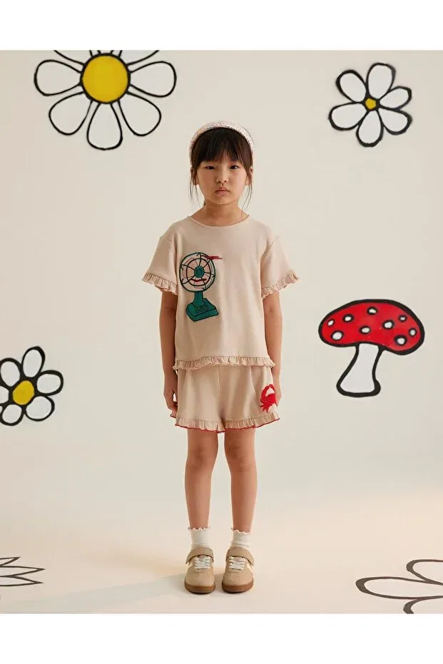 Детские шорты для девочек с принтом Frilly Red Crab Embroidered Manimani, Beige