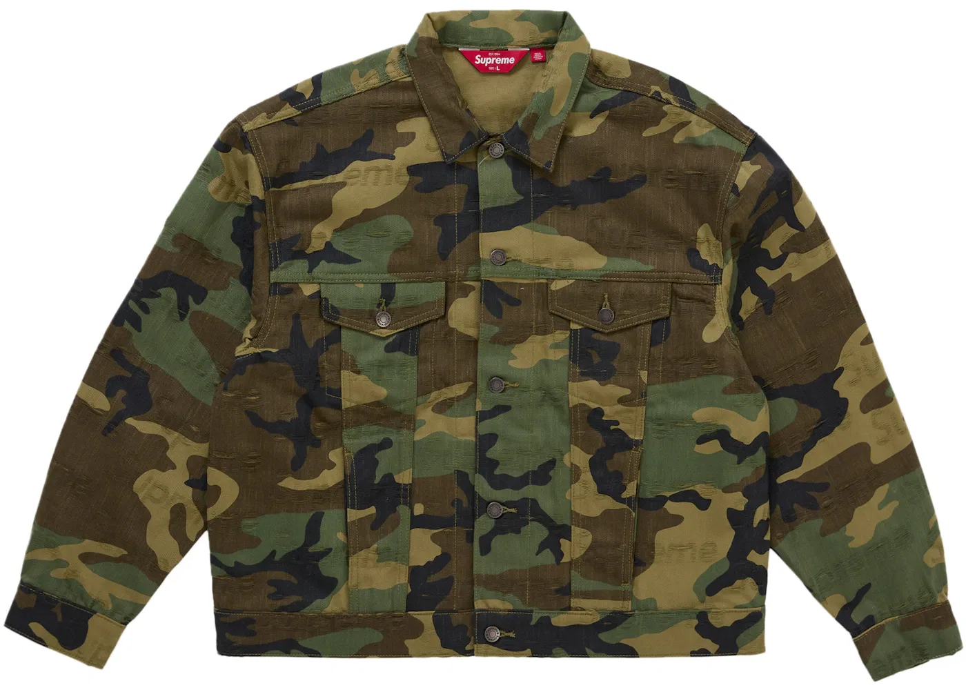 Мужская джинсовая куртка-тракер с жаккардовыми логотипами Supreme, Woodland Camo