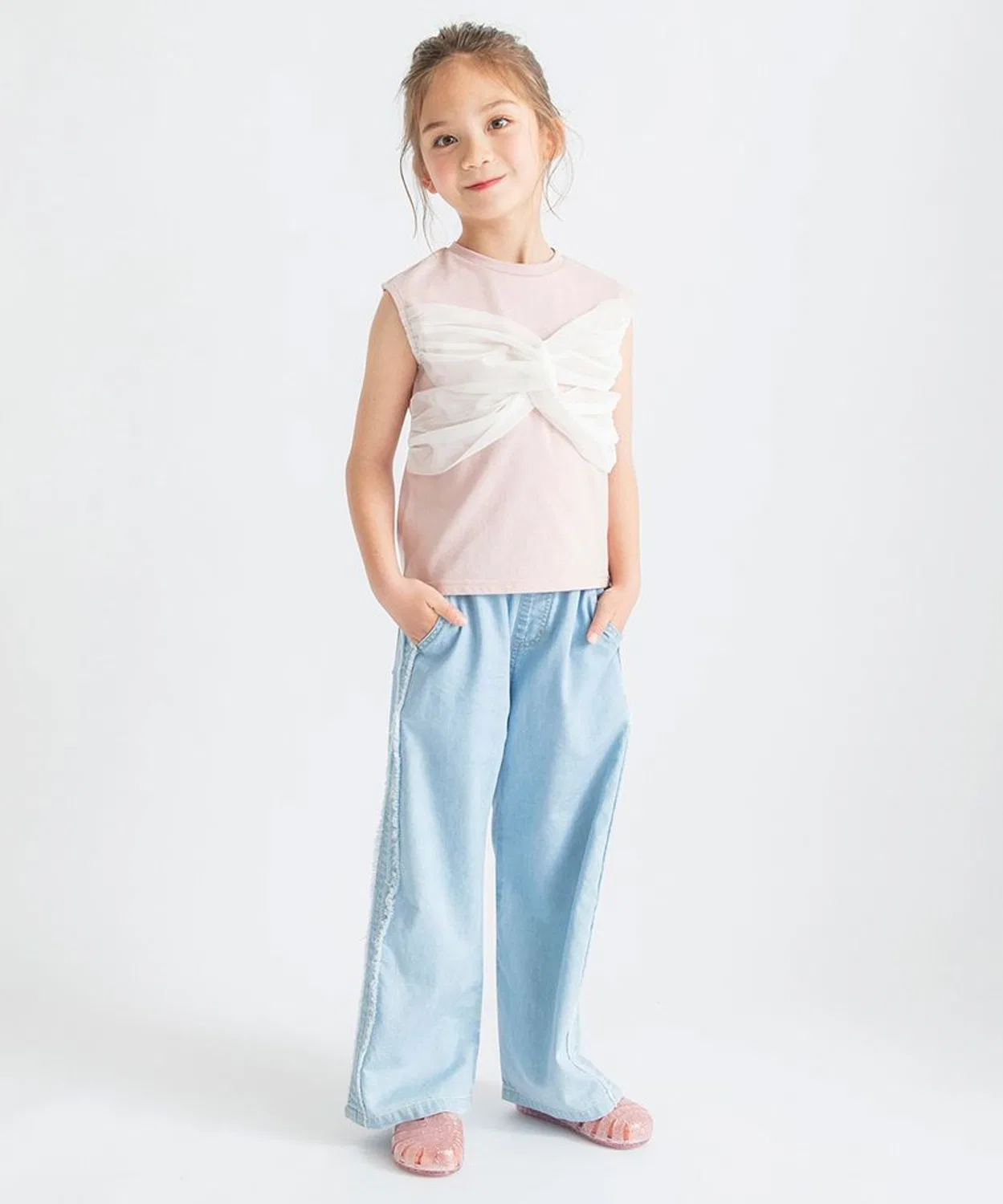 Детский топ с рукавом-фонарик и тюлевым акцентом, модель Cross Design, branshes, Pink — фото 3