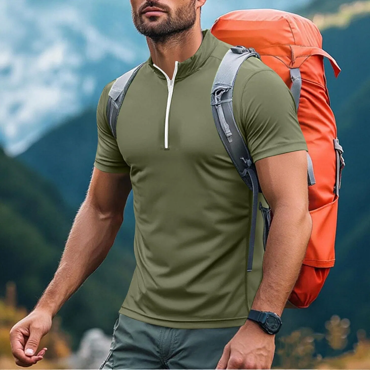 Мужская быстросохнущая футболка с четверть-застежкой Athletic Tees, Army Green — фото 2