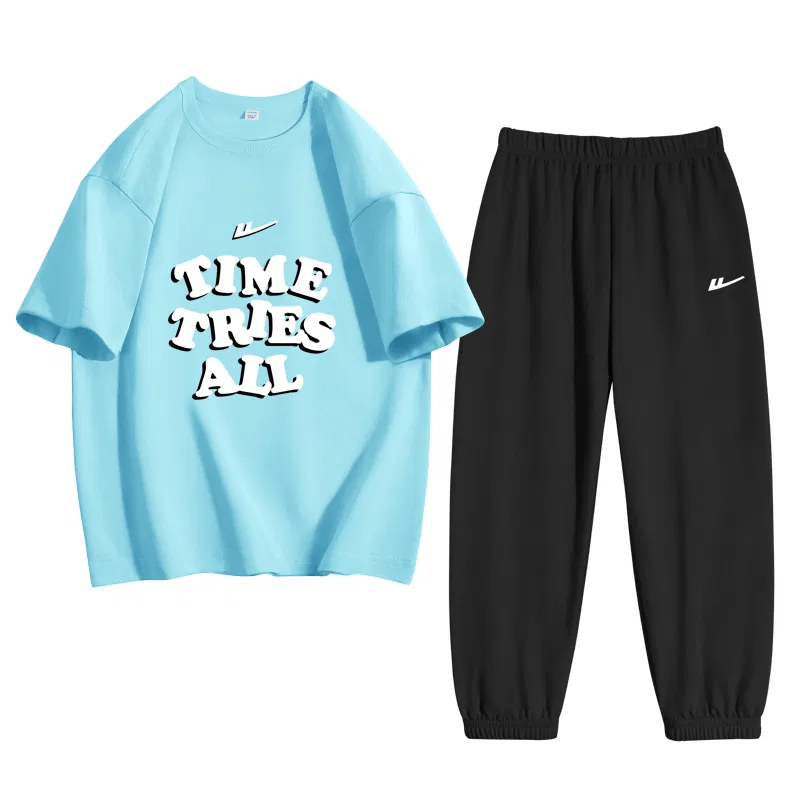 Детский комплект спортивной одежды с принтом для мальчиков и девочек Casual Sportswear WARRIOR, Lake Blue/H White Black English Medium-Black/H White Logo K
