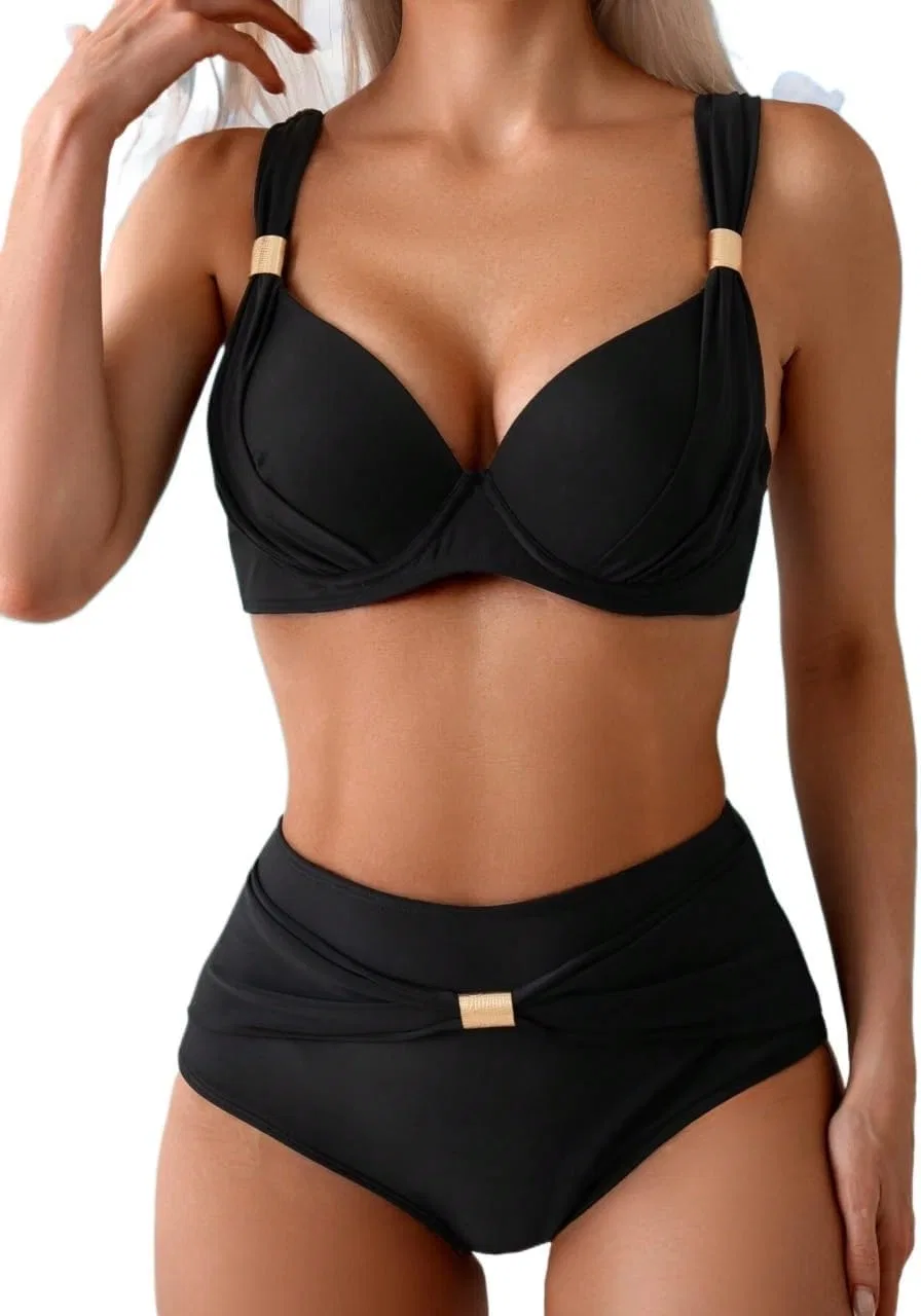 Женский бикини-сет с завышенной талией и пуш-ап, Backless Ruched, Black