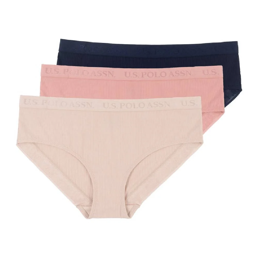 Женский комплект трусов U.S. Polo Assn. Ribbed Microfiber Hipsters, 3 шт, персиковый/розовый/темно-синий