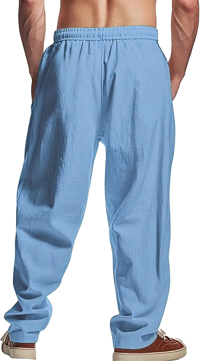 Мужские брюки свободного кроя из льна с завязками, Cargo Pants, голубой — фото 3