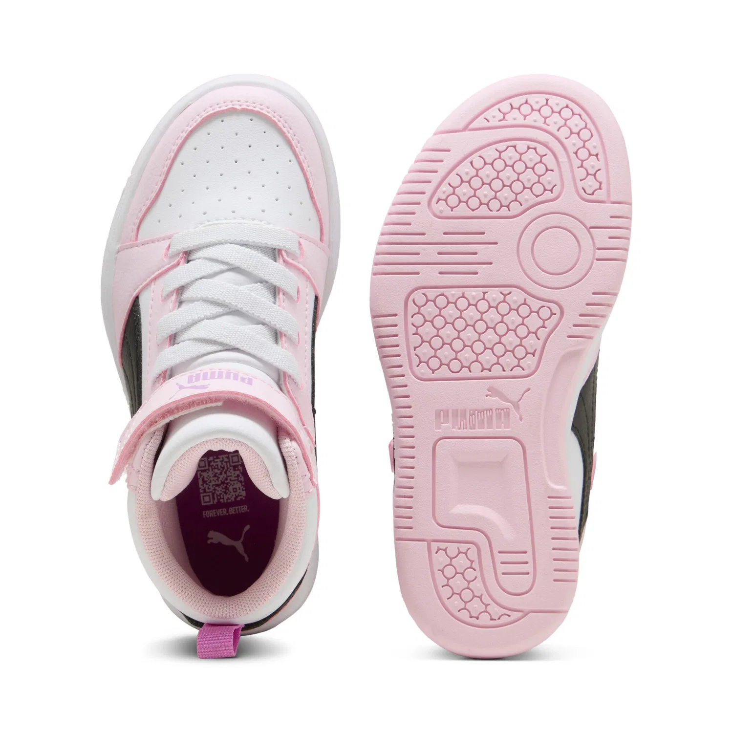 Детские кроссовки с мягкой амортизацией PUMA Rebound V6 Mid AC+ PS, White/Black/Pink — фото 4