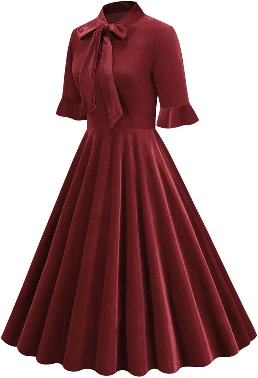 Женское платье-трапеция с воланами и рукавом-колокол, модель Bowknot Front Tie Neck, винный — фото 3