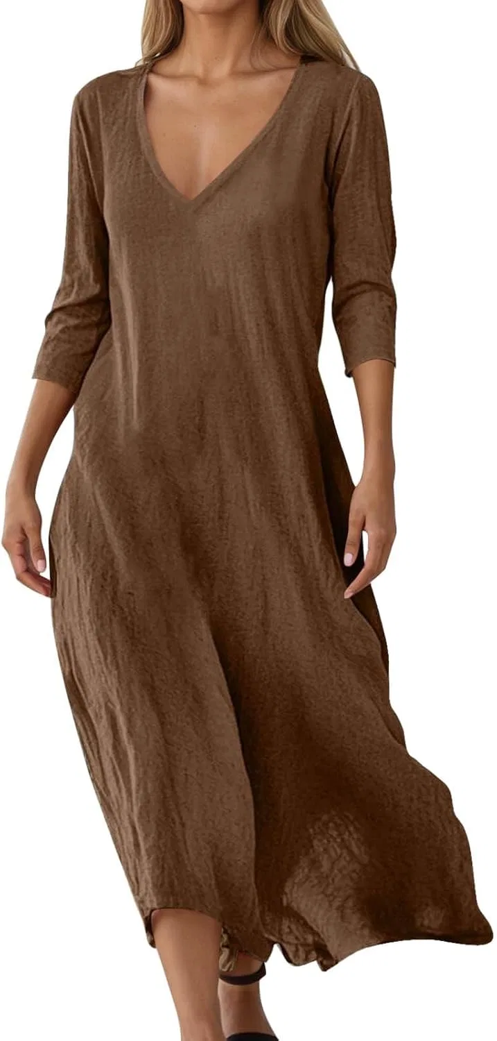 Женское летнее богемное платье макси Cotton Linen Long Dress for Women, Coffee