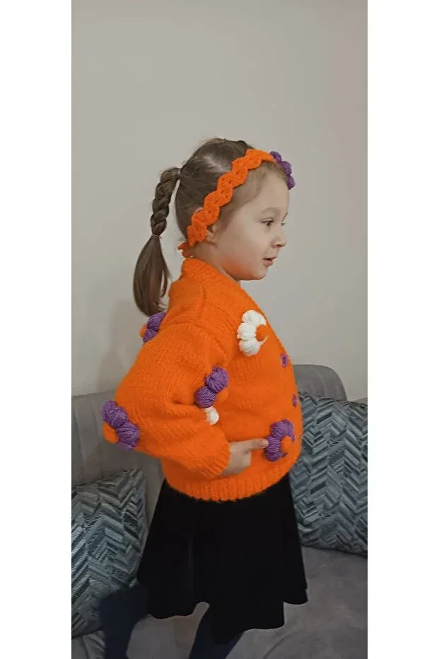 Детский кардиган для девочек с принтом Hand knitted flowery girl's cardigan El Örgüsü Cici Bebe, Orange — фото 4
