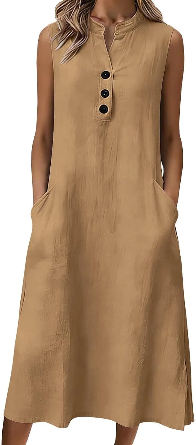Женское льняное платье с V-образным вырезом, Khaki
