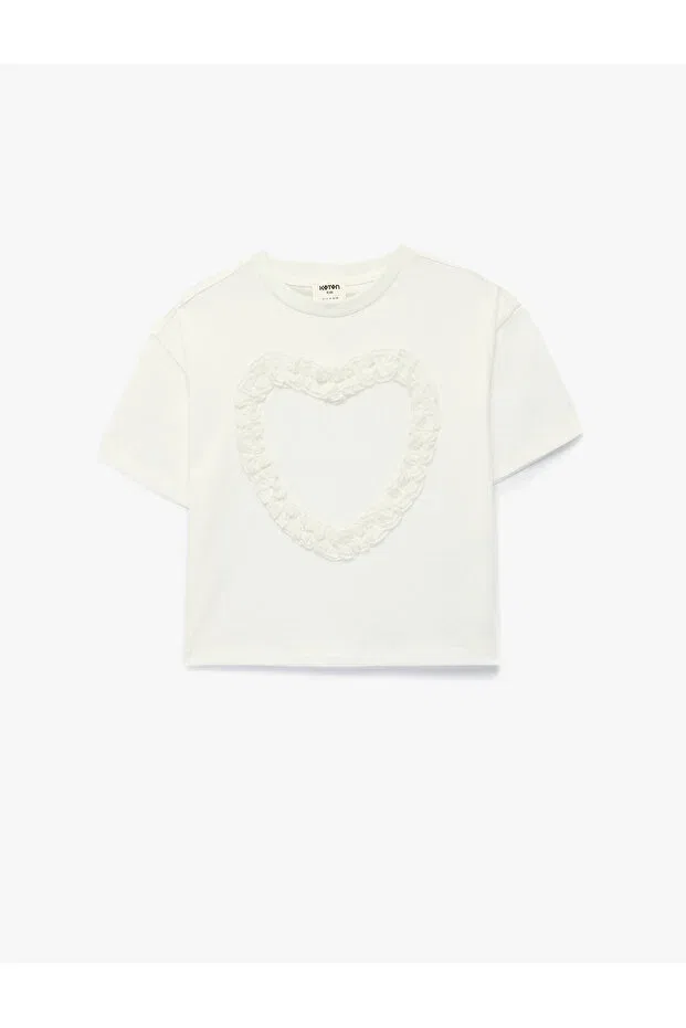 Детская футболка для девочек хлопковая Ruffled Heart Detailed Short Sleeve Crew Neck Koton, Ecru