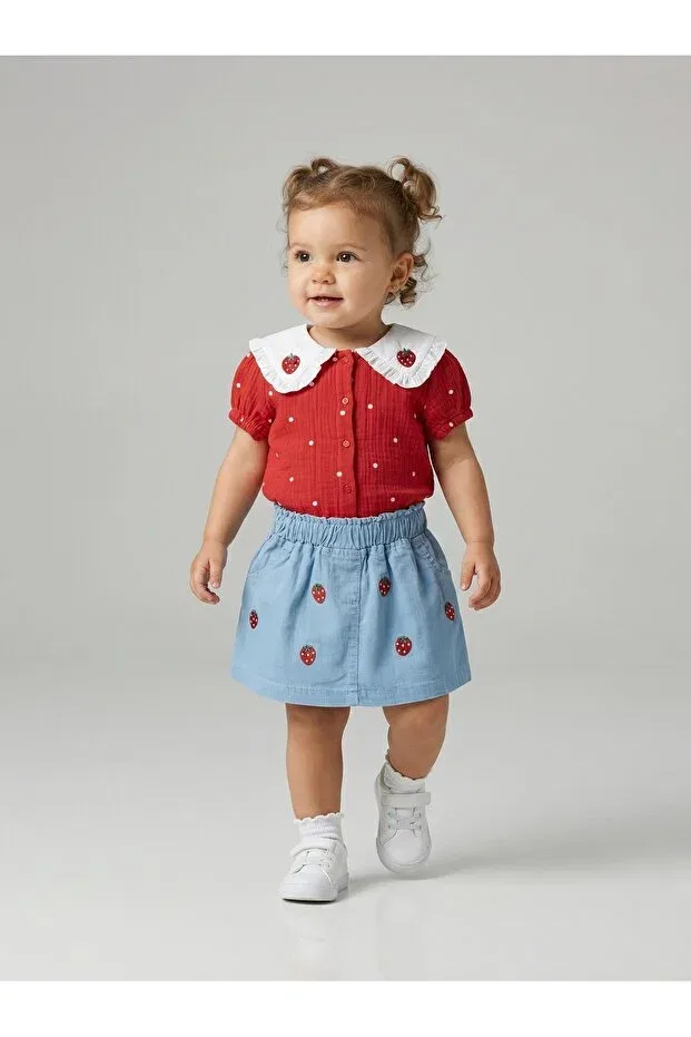 Детский комплект для девочек с принтом Strawberry Embroidered and Patterned Skirt Set Necix'S, Red