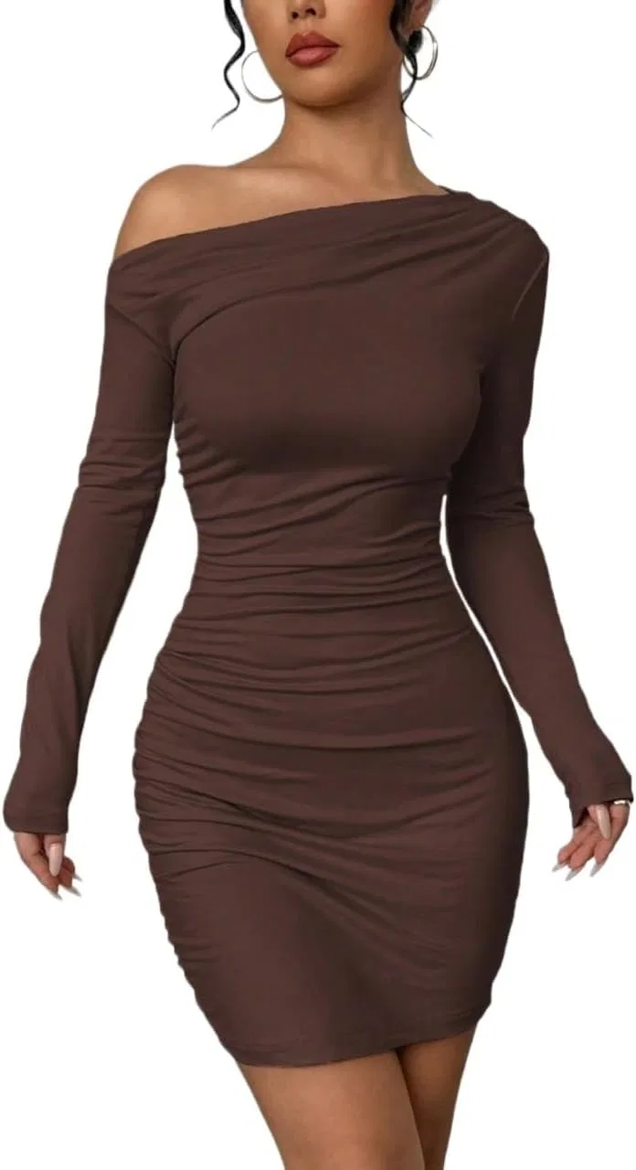 Женское облегающее платье с асимметричной драпировкой, Coffee Brown