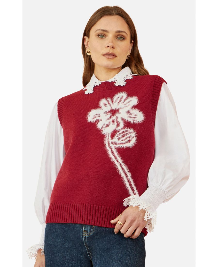 

Женский вязаный жилет без рукавов с цветочным принтом Yumi, Burgundy
