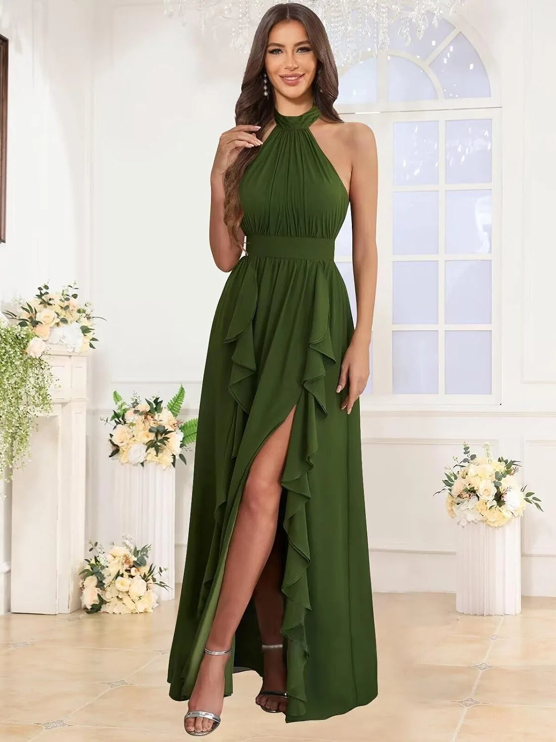 Женское длинное платье с разрезом из шифона A-line, Olive Green — фото 4