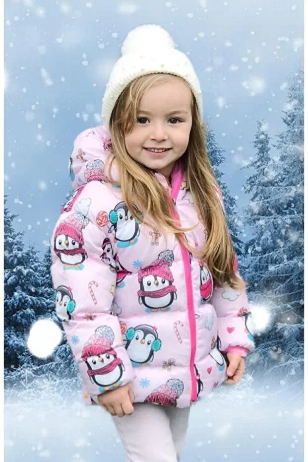 Детское зимнее пальто-пуховик для девочек с принтом Penguin Candy Pattern Freemen, Digital Printed