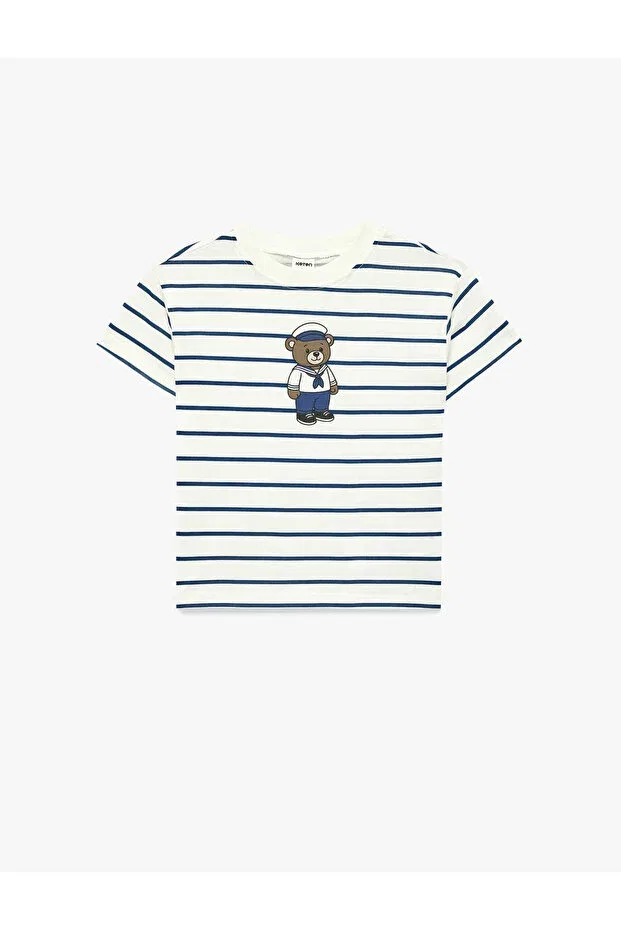 Детское для девочек хлопковое комплект футболок с принтом Ayıcık Koton, Ecru Striped — фото 4