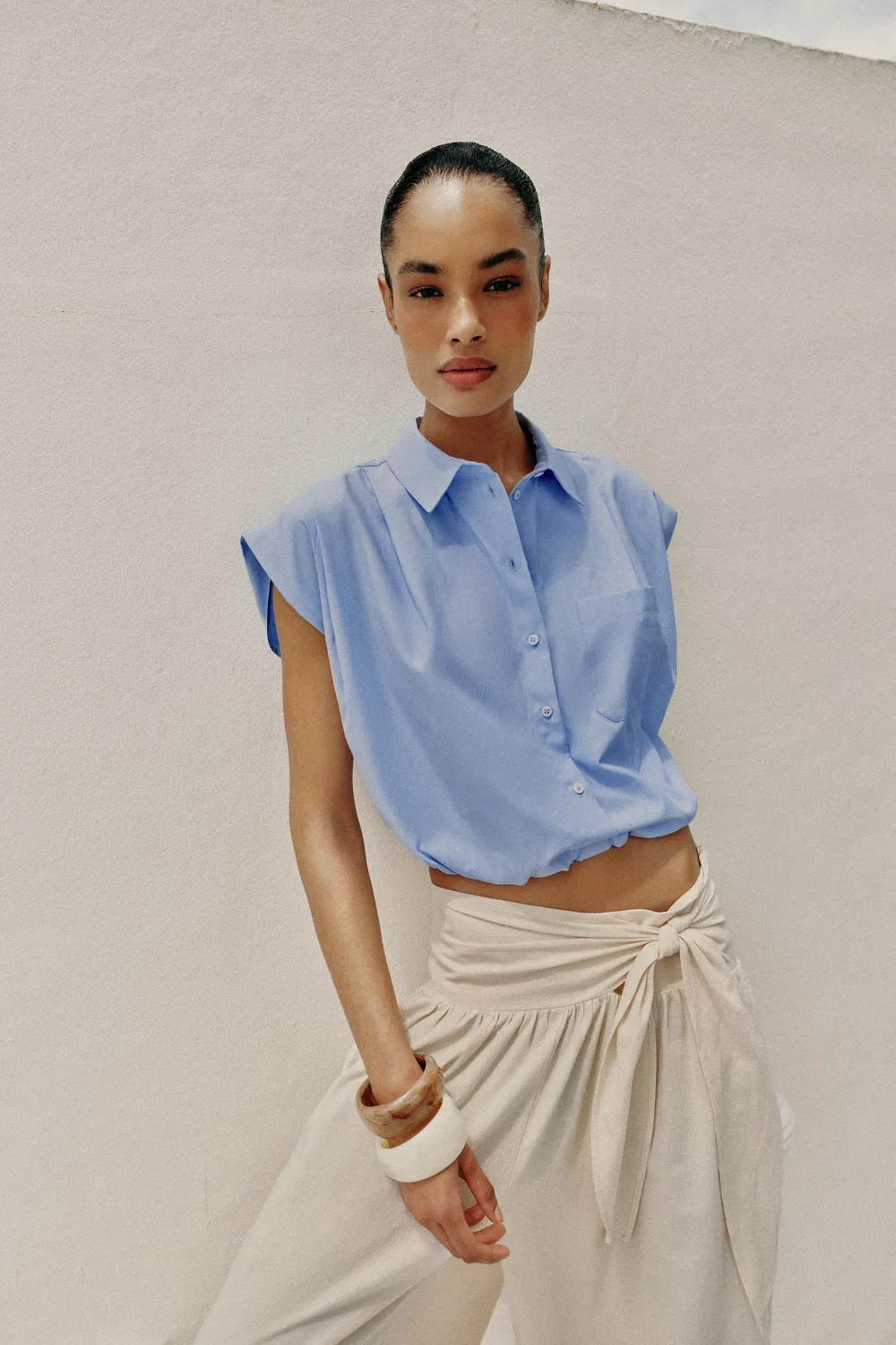 Укороченная рубашка с воздушным шаром ZARA, Light Blue — фото 2