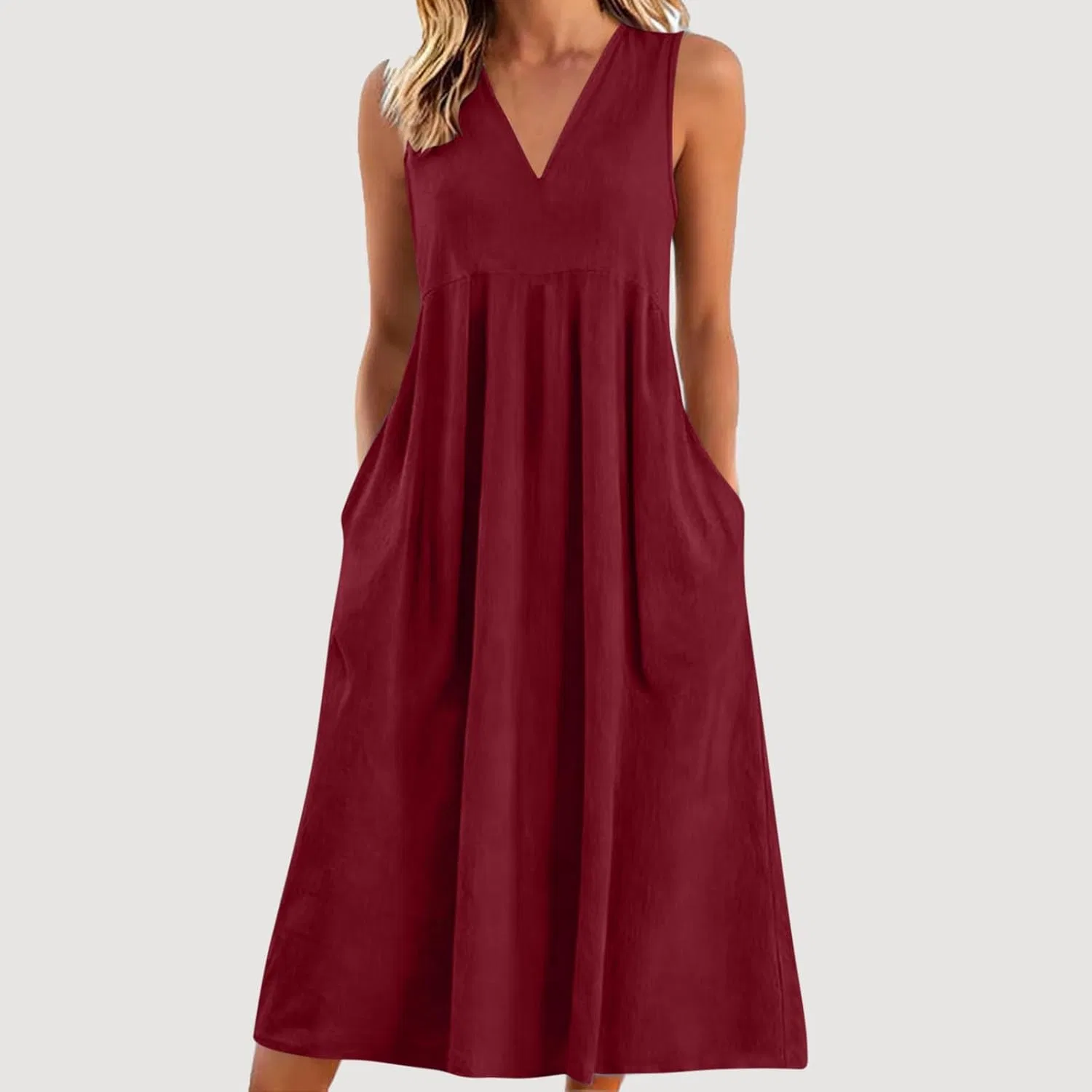 Женское платье макси из льна V-образный вырез Casual, Wine — фото 2