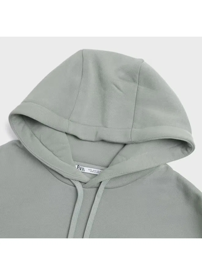 Худи свободного кроя хлопковое Zara, серо-зеленый — фото 4