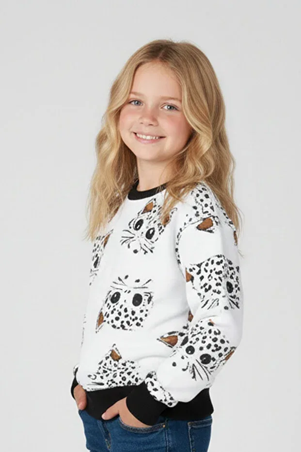 Детские свитшот для девочек с принтом Crew neck cat patterned Fyk Kids, White — фото 3